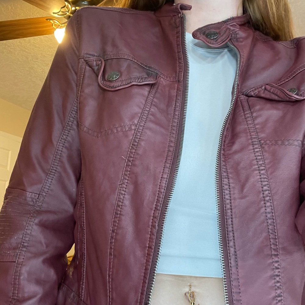 Dark Red Faux Leather Jacket (L)